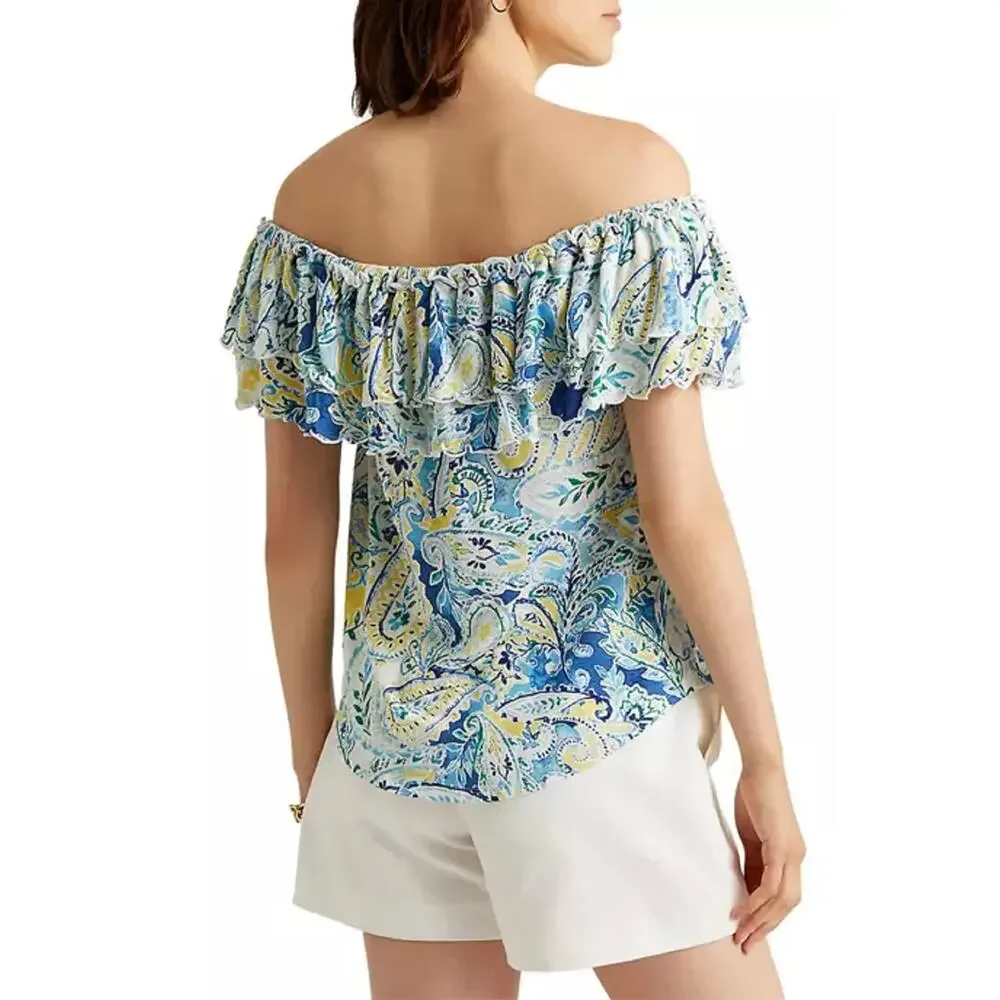 Lauren Ralph Lauren Paisley Print Ruffle Off Shoulder Top Siz S Small Multicolor - Picture 5 of 10